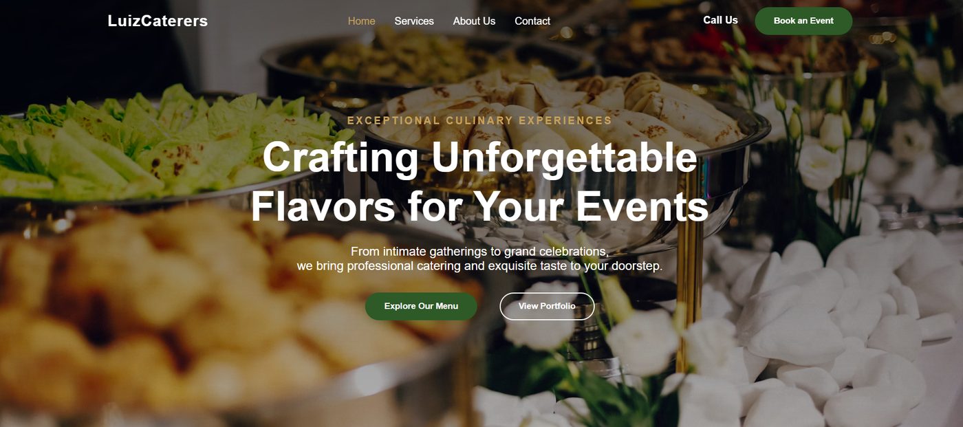 Luiz Caterers — Menus, event types and a booking enquiry path, readable while someone is planning on their phone.